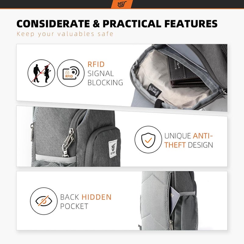 SKYSPER Sling Bag RFID Crossbody Sling Backpack Cross Body Shoulder Bag Travel Hiking Daypack for Women Men(Darkgrey) - Image 3
